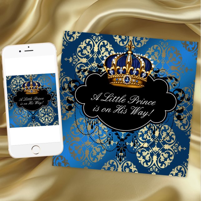 Royal Navy Blue Gold Prince Baby Boy Dusche Einladung (Blue gold prince baby shower invitation. Add your text to front and back. Download and printed.)