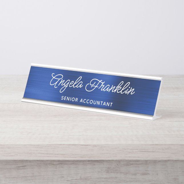 Royal Navy Blue Imitats Metallic Foil Schreibtischnamensplakette (Vorderseite )