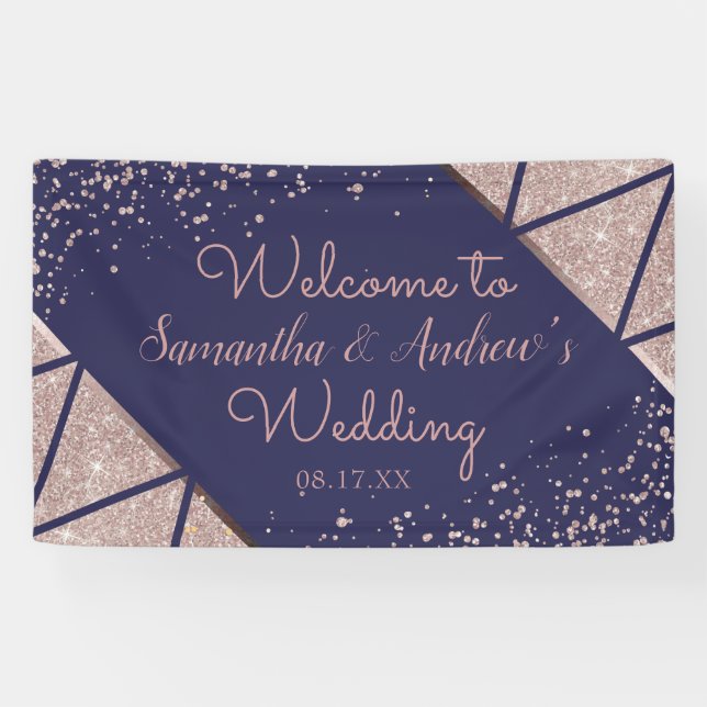 Royal Navy Blue Rose Gold Confetti Glitzer Wedding Banner (Horizontal)