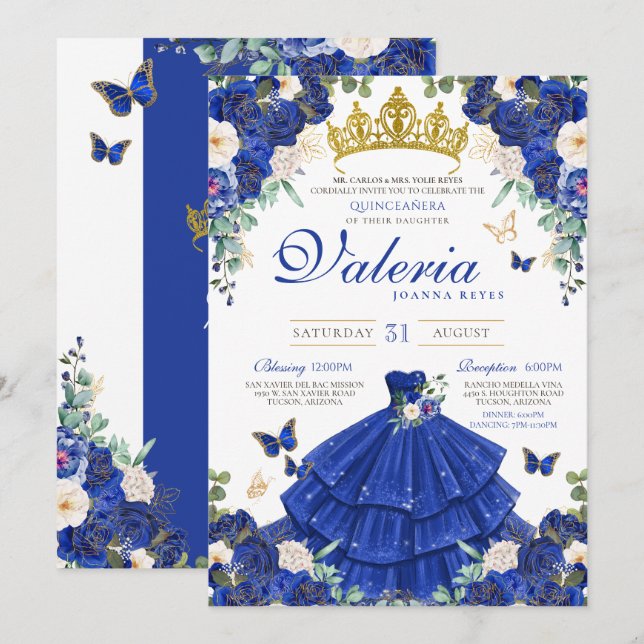 Royal Navy Blue Rosen Butterfly Princess Birthday Einladung (Vorne/Hinten)