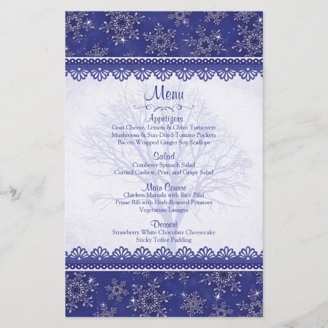 Royal Navy Blue Snowflake Winter Wedding Menu Card (Vorderseite)