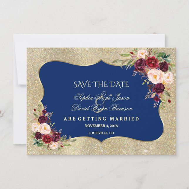 Royal Navy Blues Floral Gold Save the Date (Vorderseite)