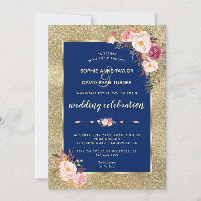 Royal Navy Blush Bloral Gold Hochzeit Einladung (Vorderseite)