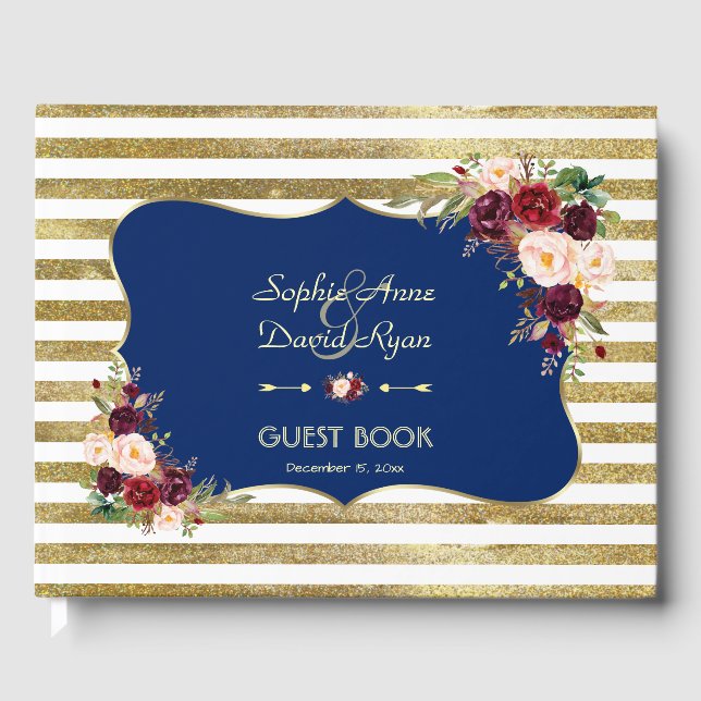 Royal Navy Blush Bloral Gold Hochzeit Gästebuch (Vorderseite)