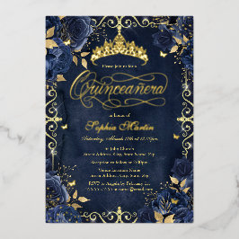 Royal Navy Gold Butterfly Rosen Quinceanera Folieneinladung