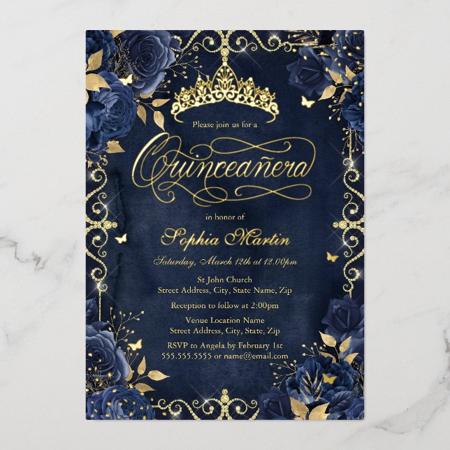 Royal Navy Gold Butterfly Rosen Quinceanera Folieneinladung (Vorderseite)