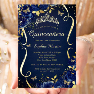 Royal Navy Gold Floral Butterfly Tiara Quinceanera Folieneinladung