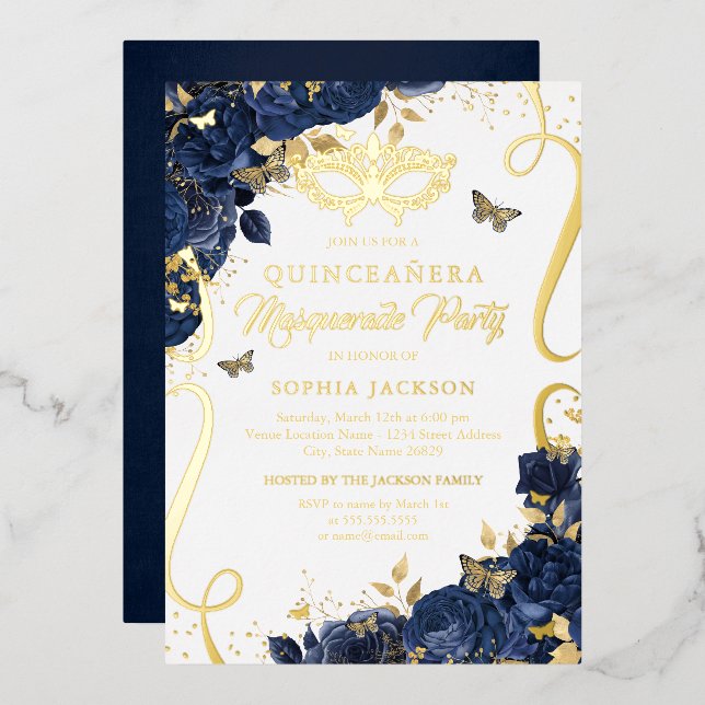 Royal Navy Masquerade Butterfly Quinceanera Folieneinladung (Vorderseite/Rückseite)