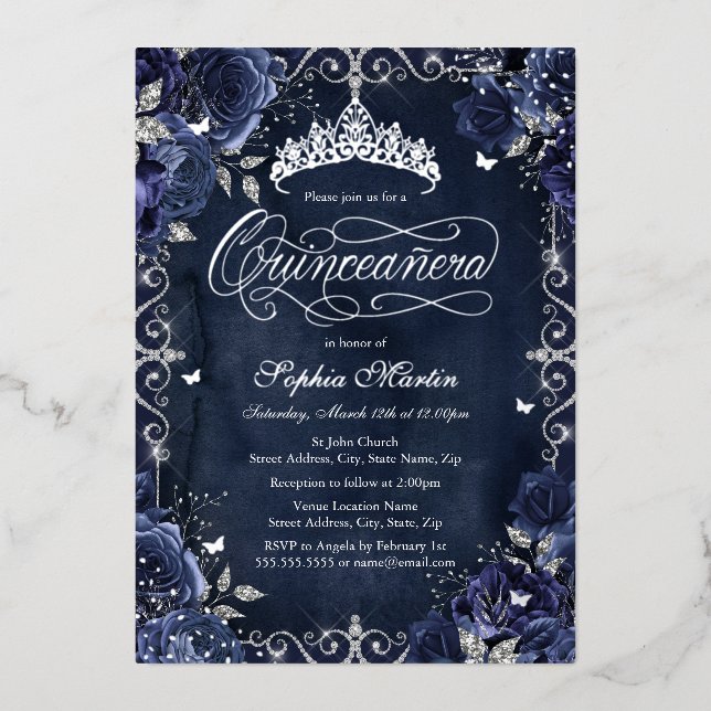 Royal Navy Silver Butterfly Rosen Quinceanera Folieneinladung (Vorderseite)