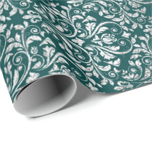 Royal Ornament Damask Aquamarin Silver Vip Geschenkpapier