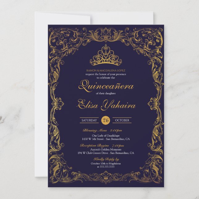 Royal Ornamental Gold Blue Crown Storybook Quince Einladung (Vorderseite)