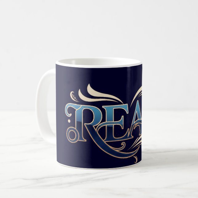 Royal Ornate Blue & Gold "READ" Masterpiece Kaffeetasse (Vorderseite Links)