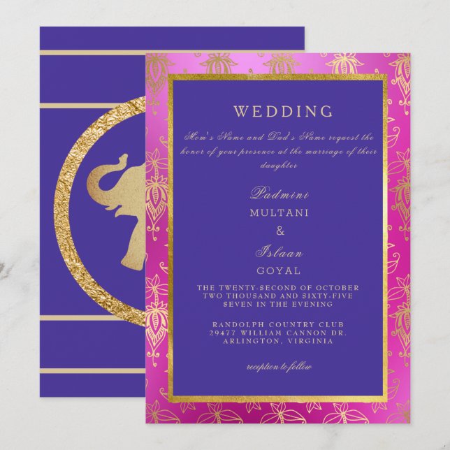 Royal Pink & Blue Colorful Wedding Einladung (Vorne/Hinten)