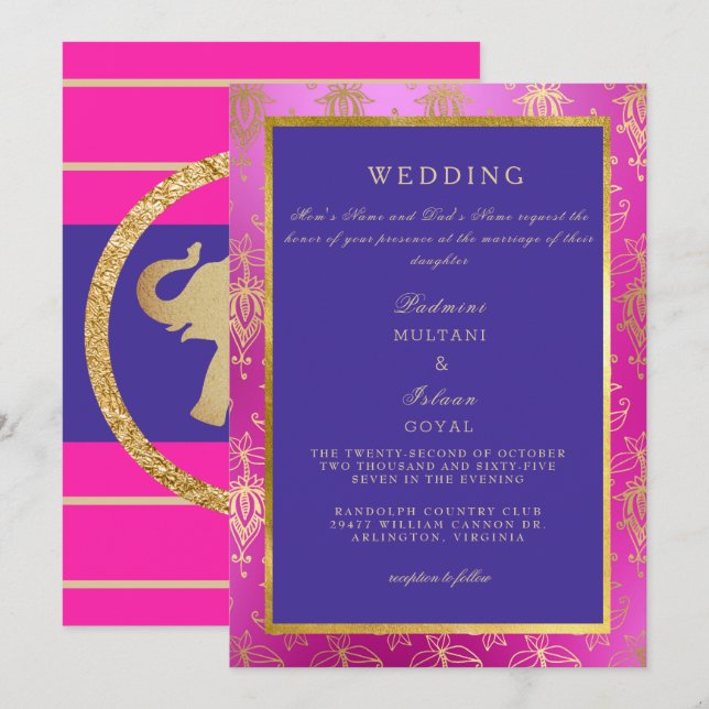 Royal Pink und Blue Colorful Wedding Einladung (Vorne/Hinten)