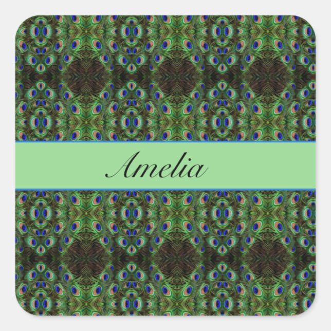 Royal Plumage - Luxe Peacock Feather Pattern Quadratischer Aufkleber (Vorderseite)