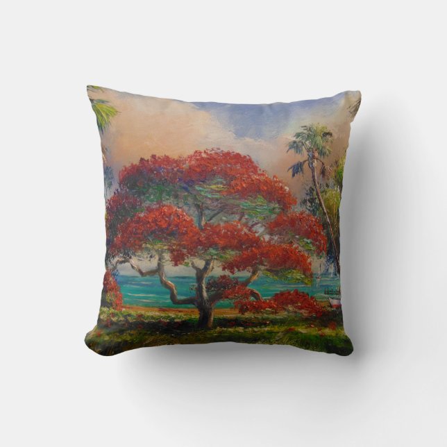 Royal Poinciana Tree & Boat von Mazz Kissen (Vorderseite)