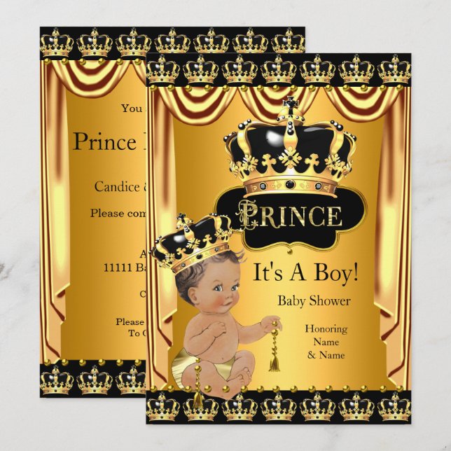 Royal Prince Baby Dusche Black Gold Brünett Einladung (Vorne/Hinten)