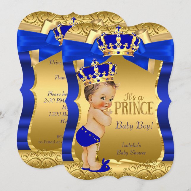 Royal Prince Baby Dusche Blue Gold Bow Brünett Einladung (Vorne/Hinten)