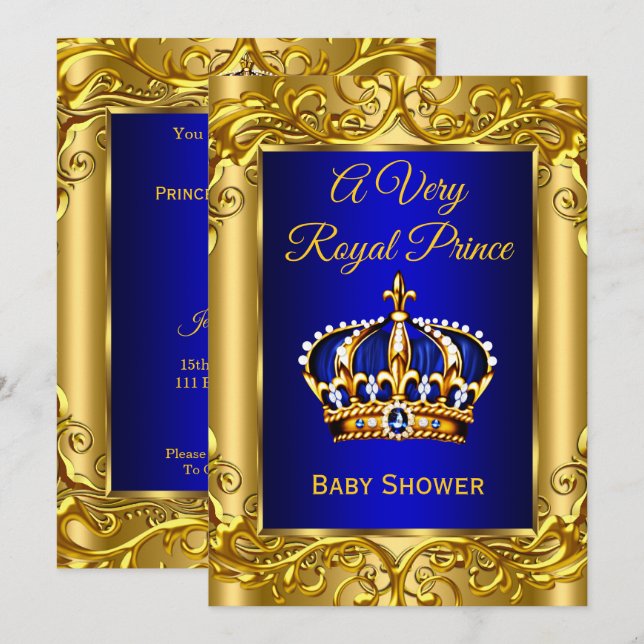 Royal Prince Baby Dusche Royal Blue Gold Einladung (Vorne/Hinten)