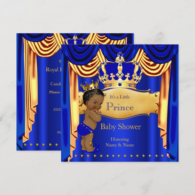 Royal Prince Baby Duwer Blue Gold Crown Ethnic Einladung (Vorne/Hinten)