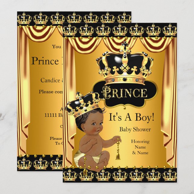 Royal Prince Baby Shower Black Gold Ethnic Boy Einladung (Vorne/Hinten)