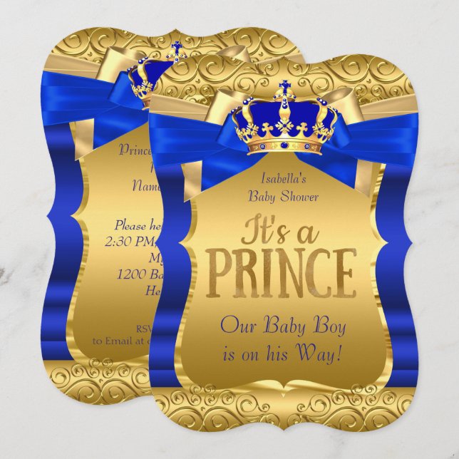 Royal Prince Baby Shower Blue Gold Bow Bow Einladung (Vorne/Hinten)