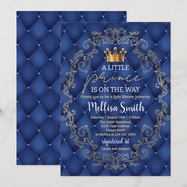 Royal Prince Baby Shower Blue Gold Rattle Ethnic Einladung (Vorne/Hinten)