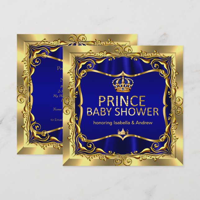 Royal Prince Baby Shower Boy Blue Gold Einladung (Vorne/Hinten)