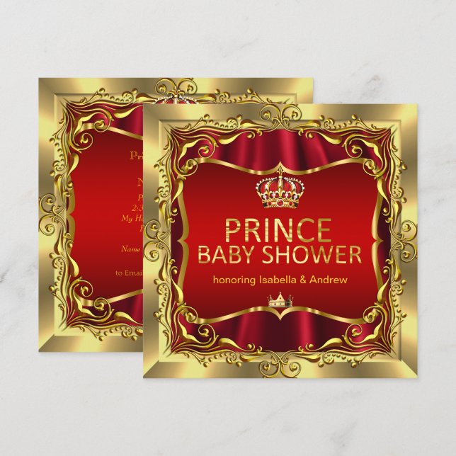 Royal Prince Baby shower Boy Red Gold Invitation (Devant / Derrière)