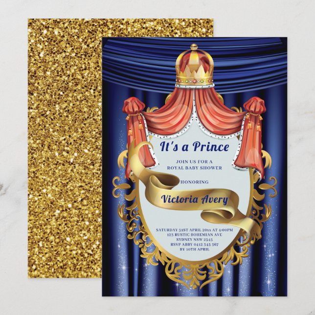 Royal Prince Blue Gold Baby Dusche Einladung (Vorne/Hinten)