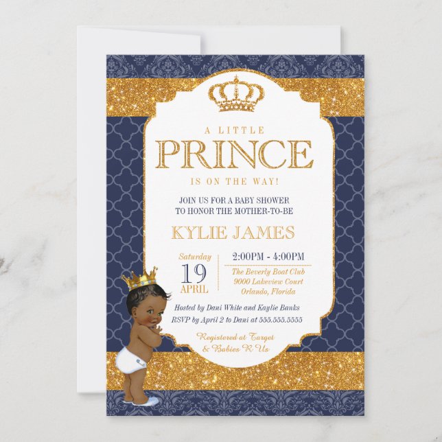 Royal Prince Navy Blue Gold White Baby Dusche 2 Einladung (Vorderseite)