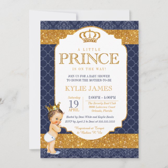 Royal Prince Navy Blue Gold White Baby Dusche Einladung (Vorderseite)