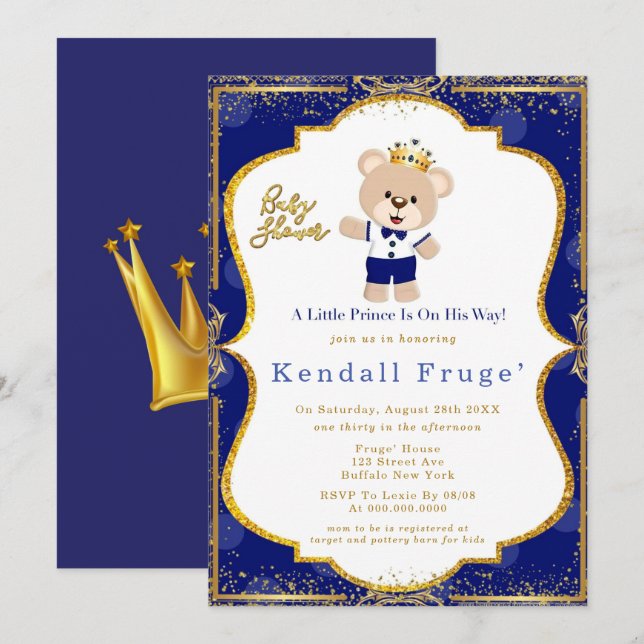Royal Prince Teddy Bear Baby Boy Shower Invitation (Devant / Derrière)