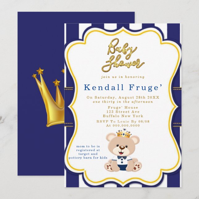 Royal Prince Teddy Bear Baby Shower Invitations (Devant / Derrière)