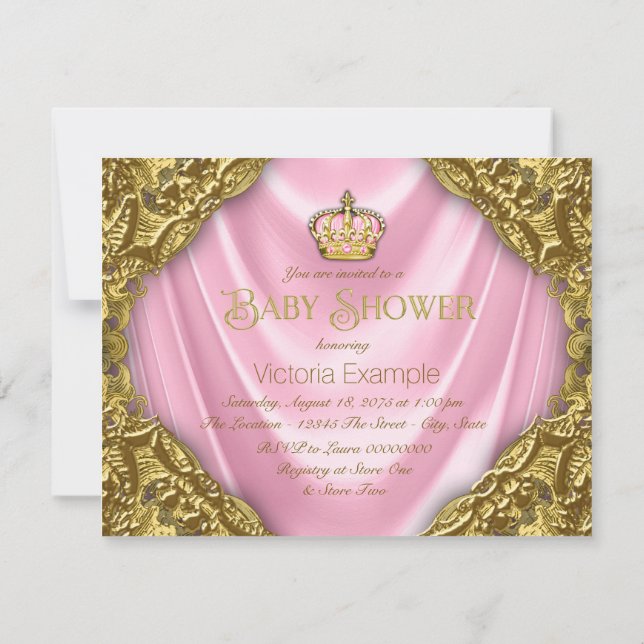 Royal Princess Baby Dusche Rosa Satin und Gold Einladung (Rückseite)