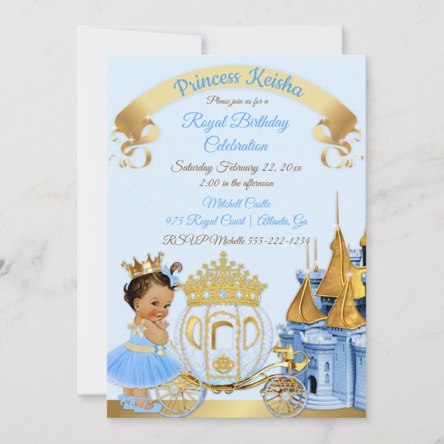 Royal Princess Castle Carriage Blue Gold Girl Einladung (Vorderseite)