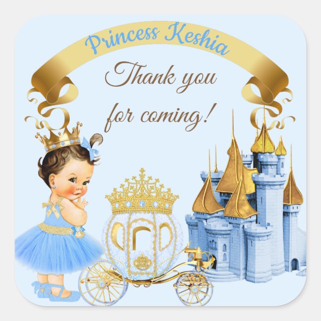Royal Princess Castle Carriage Blue Gold Girl Quadratischer Aufkleber (Vorderseite)