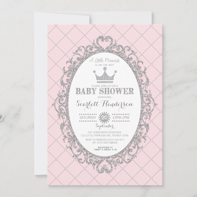 Royal Princess Crown Pink Silver Baby Dusche Einladung (Vorderseite)