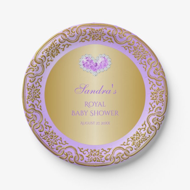 Royal Princess Lavender Gold Diamond Heart Gem Pappteller (Vorderseite)