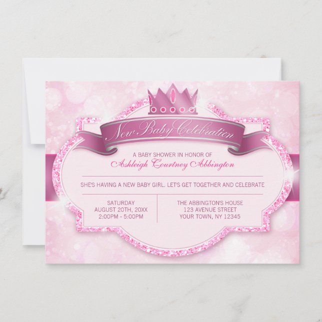 Royal Princess Pink Glitzer Babydusche Einladung (Vorderseite)