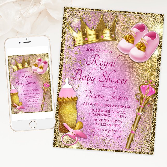 Royal Princess Pink Gold Baby Dusche Einladung (Pink gold princess baby shower invitation with cute princess things. For print and download.)