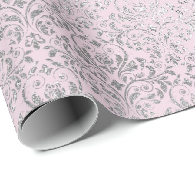 Royal Princess Pink Silver Damask Shiny Geschenkpapier (Rolleneckpunkt)
