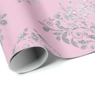 Royal Princess Pink Silver Damask Shiny Geschenkpapier