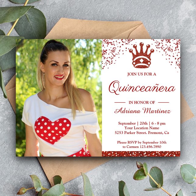 Royal Princess Red Glitzer Foto Quinceanera Einladung (Von Creator hochgeladen)