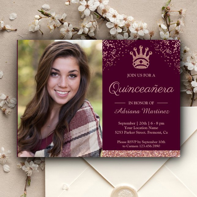 Royal Princess Rose Gold Glitzer Foto Quinceanera Einladung (Von Creator hochgeladen)
