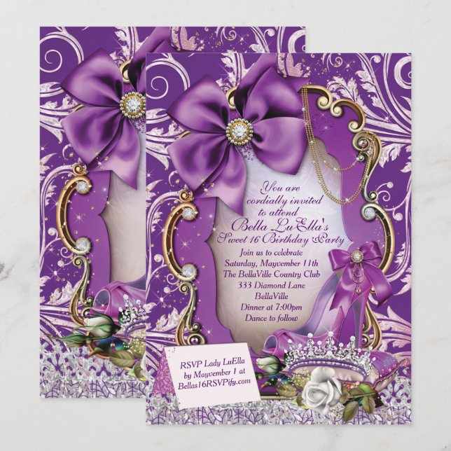 Royal Purple Princess Sweet 16 Invitation (Devant / Derrière)