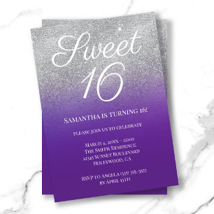 Royal Purple Silber Ombre Glitter Sweet 16 Einladung