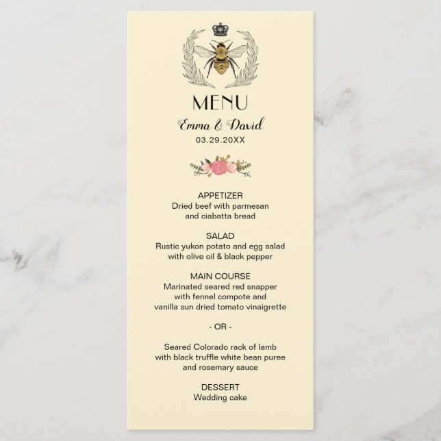 Royal Queen Bee Laurel Wreath Floral Wedding Menu Menükarte (Vorderseite)