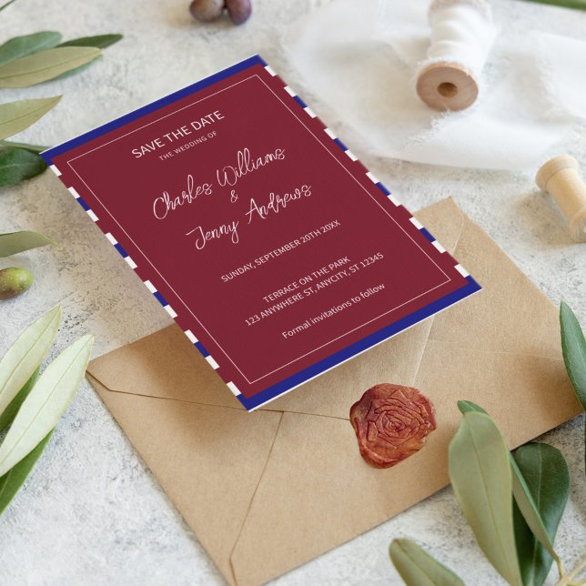 Royal Red and Blue Wedding Theme Save The Date (Save my royal wedding date. Send this bright color save the date card to your family and friends.)