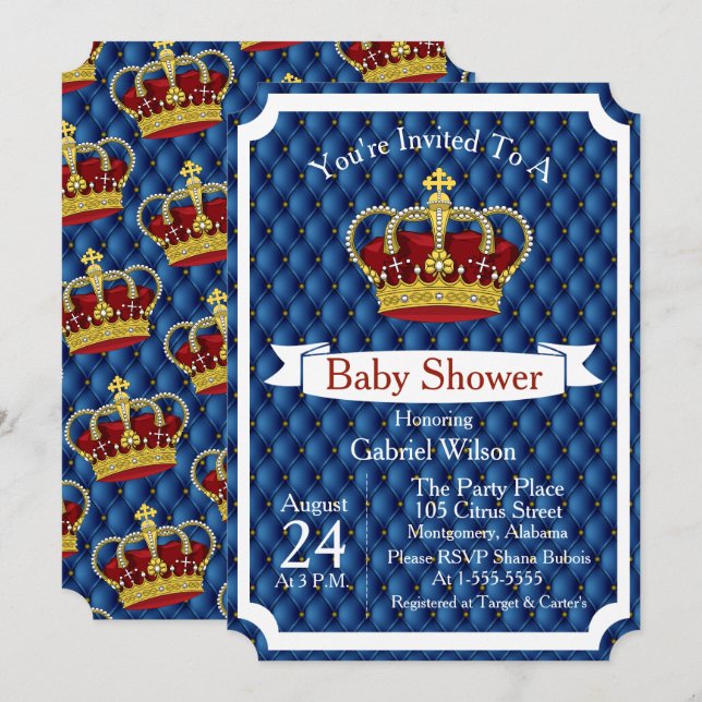 Royal Red Crown & Royal Blue Regal Baby Boy Dusche Einladung (Vorne/Hinten)